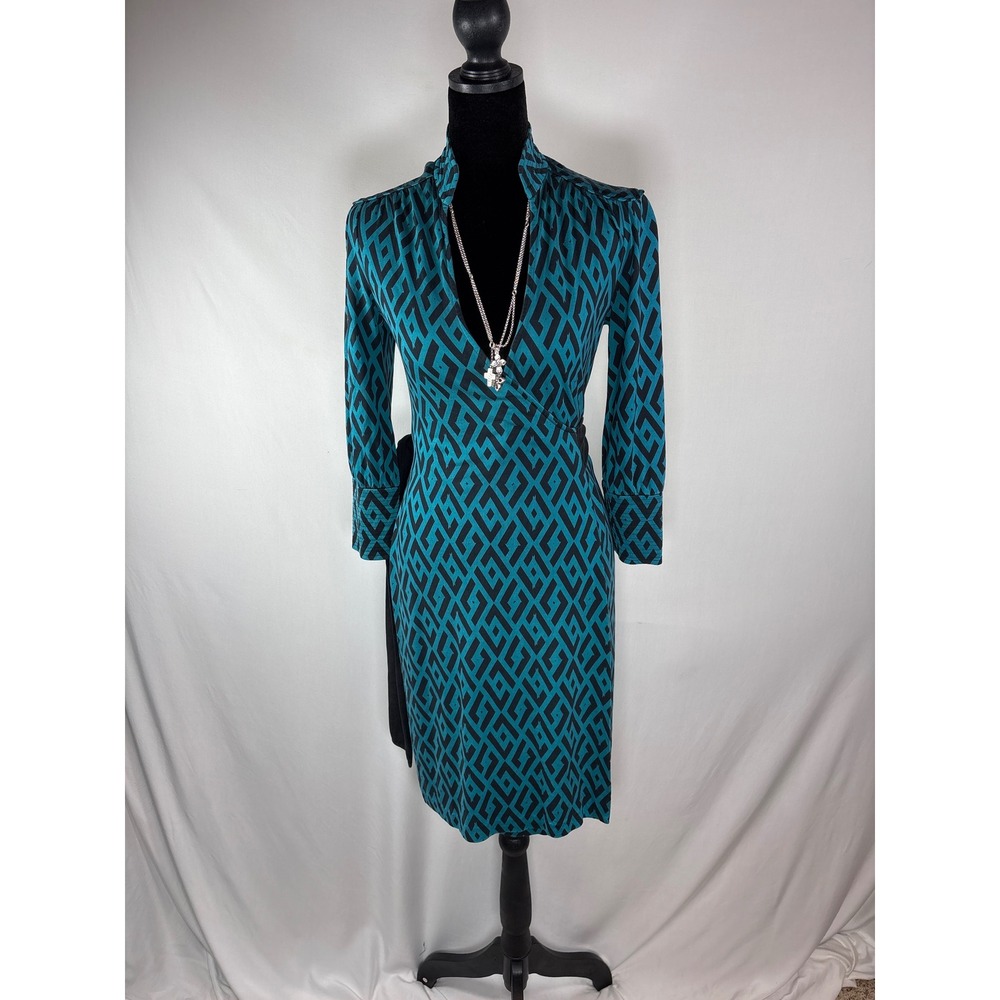 Diane von Furstenberg Tessa Wrap Dress Womens 2 Teal Geometric Silk Jersey - Picture 14 of 14